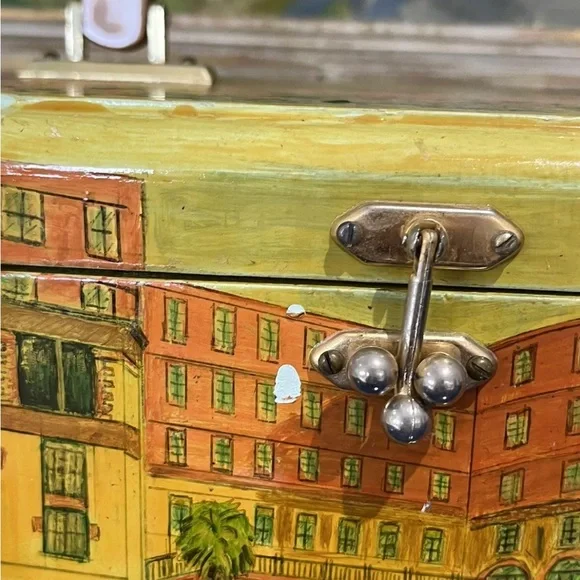 Floral Building Scenic Wood Box Purse Bag Pink Orange Green Vintage 60s 70s - Picture 3 of 8